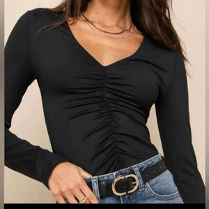 Lulu's Black Ruched Long Sleeve Crop Top